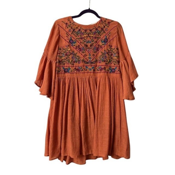 Umgee Embroidered Bell Sleeve Boho Bliss Dress M Orange Festival Cottagecore - Picture 1 of 15